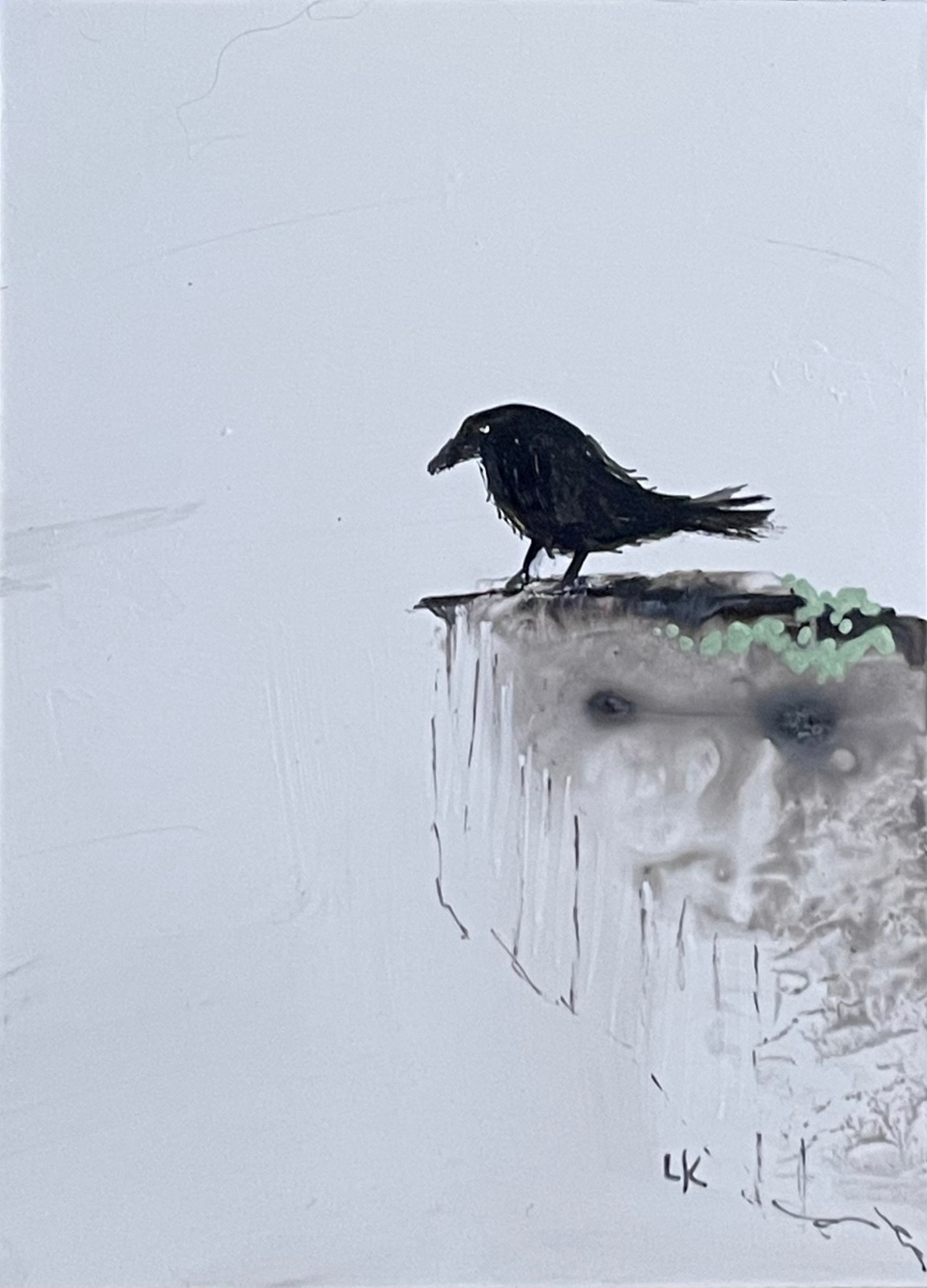 ACEO art PRINT Raven black bird ledge by Lynne Kohler 2.5×3.5″