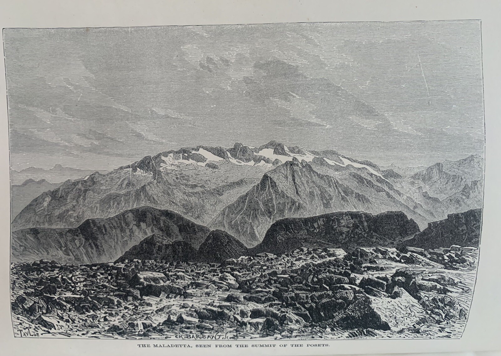 1875 View of Maladeta Mountain, Pyrenees, Spain Original Antique Print