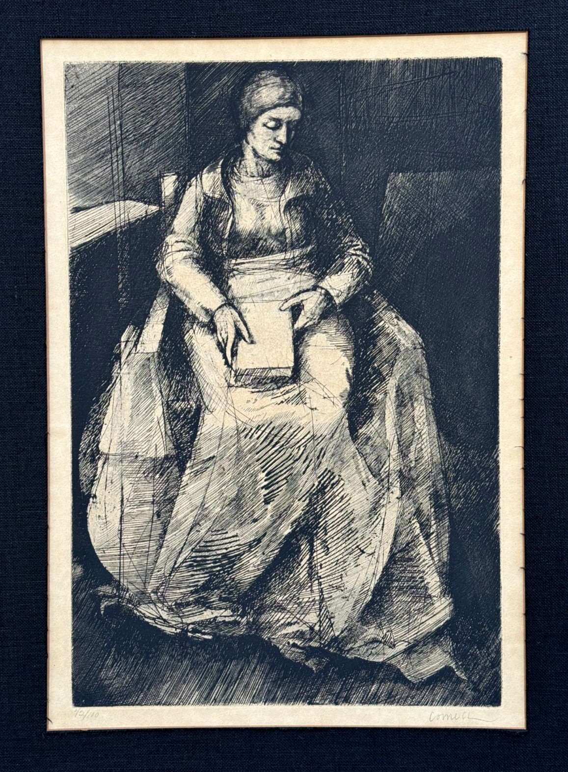 THOMAS CORNELL SIGNED ETCHING A SEATED WOMAN WITH BOOK VINTAGE ORIGINAL PORTRAIT