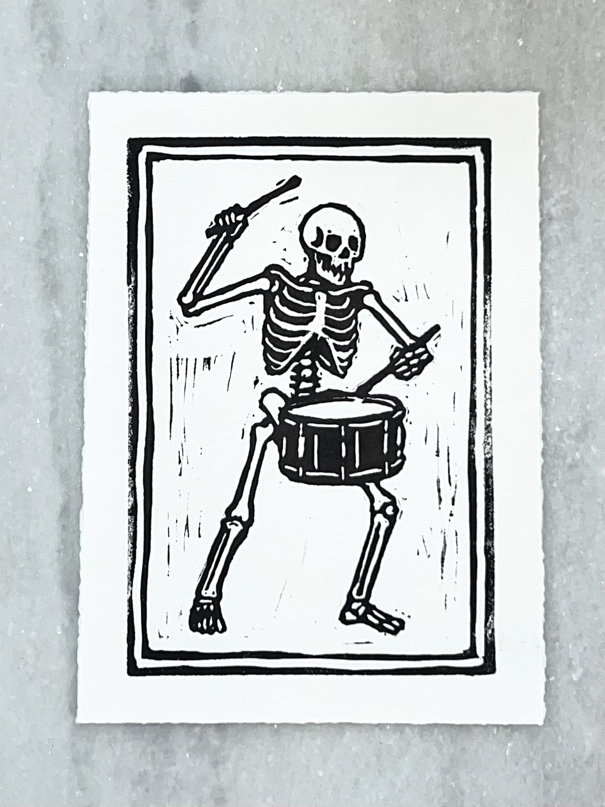 Original Linocut Percussion skeleton Printmaking