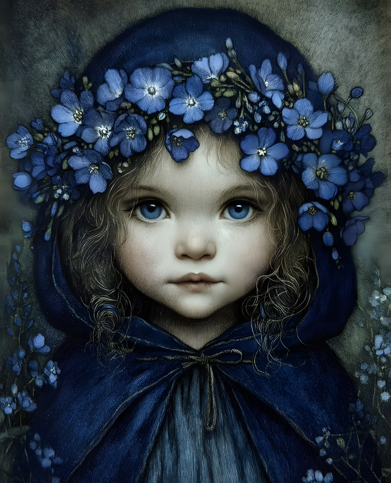 8×10 Cozy Storybook Little Girl Blue Hat Blue Flowers Art Print – 137366035