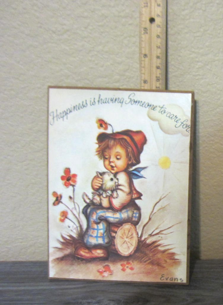 Vintage Evans Lithograph Print on Wood Child Holding Kitten Happiness