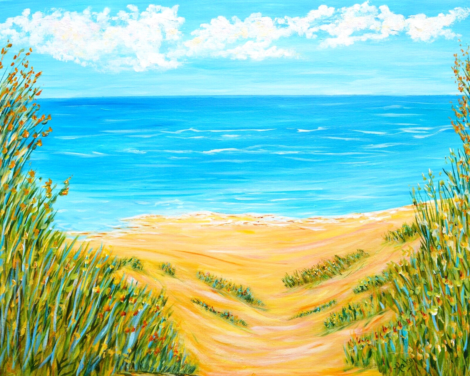 ACEO Calm Ocean Beach With Flowers PRINT (2.5″ x 3.5″) Signed by Artist