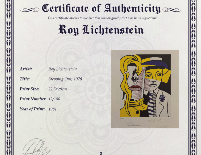 Roy Lichtenstein Original Signed Lithograph, COA and Appraisal for $3,500 USD