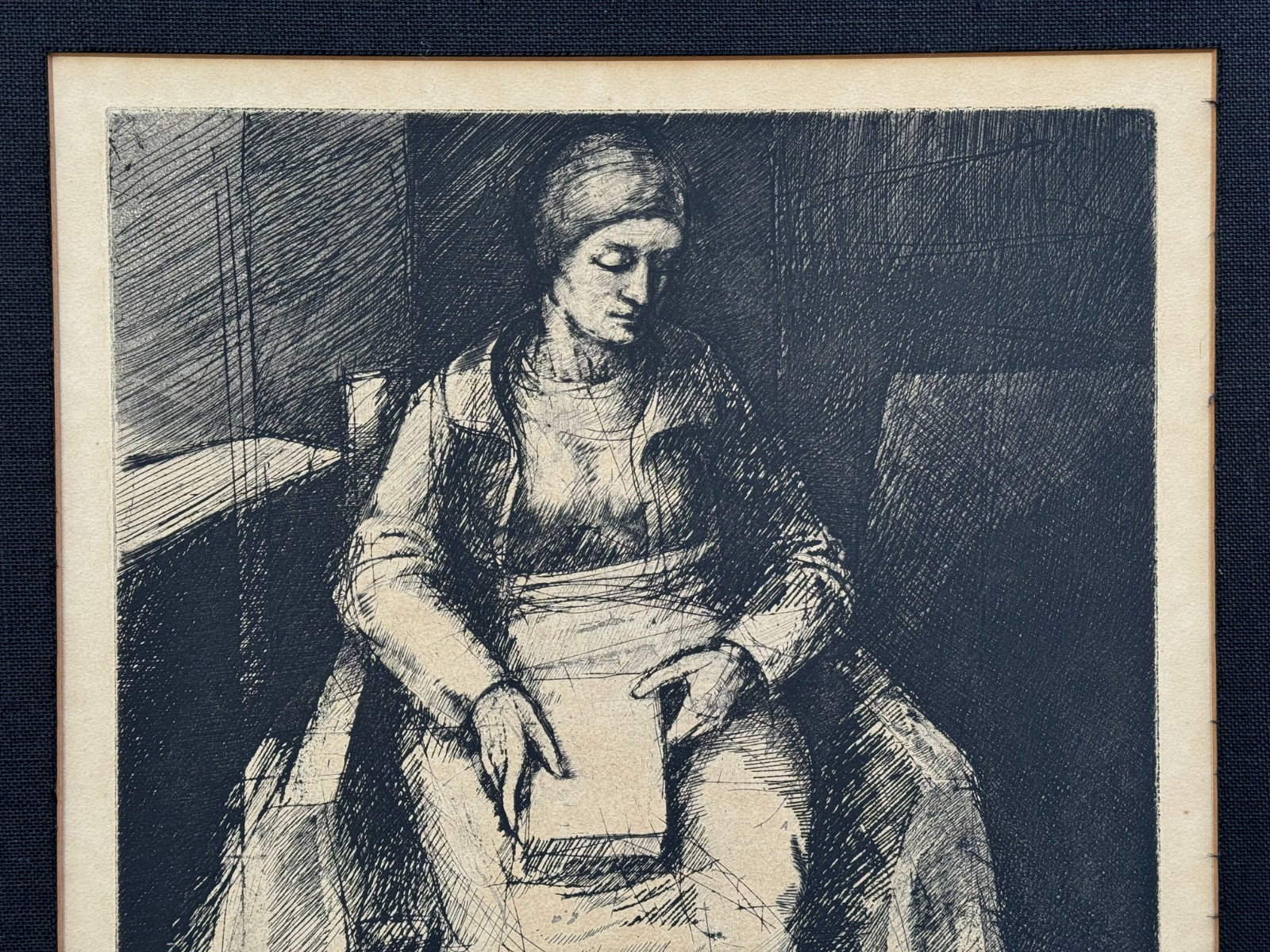 THOMAS CORNELL SIGNED ETCHING A SEATED WOMAN WITH BOOK VINTAGE ORIGINAL PORTRAIT