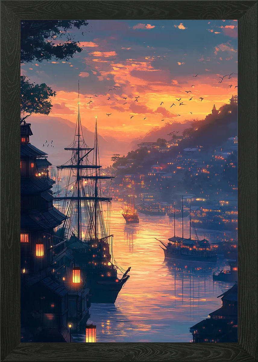 Beautiful Sunset at Harbor Town Framed Wall Art Poster Canvas Print Picture