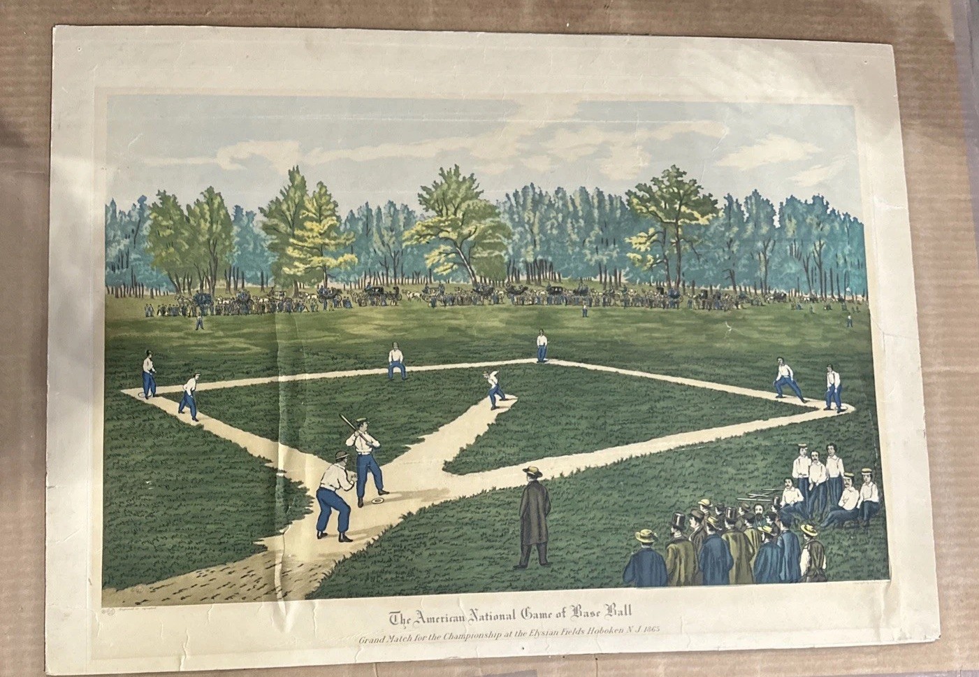 Lithograph of THE AMERICAN NATIONAL GAME OF BASE BALL, Elysian Fields 22.5 X 16