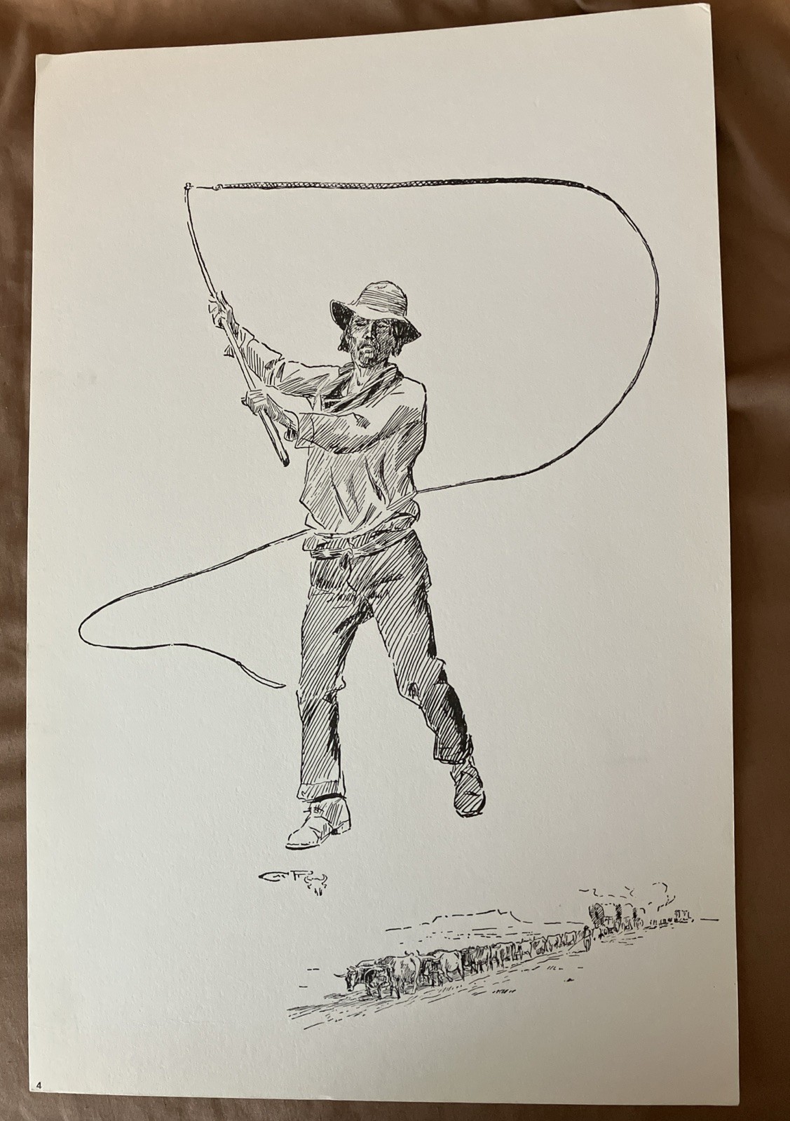 Charles Russel Drawing Print Signed “The Bull Whacker” 10 1/2 X 16 1/4” Unframed