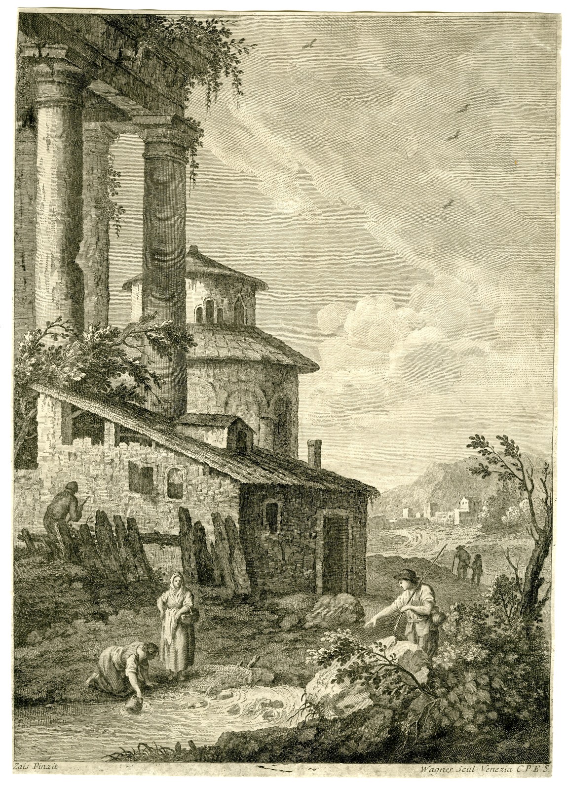 Antique Master Print-ITALIAN-LANDSCAPE-ENGRAVING-Wagner-Zais-c.1750-1780