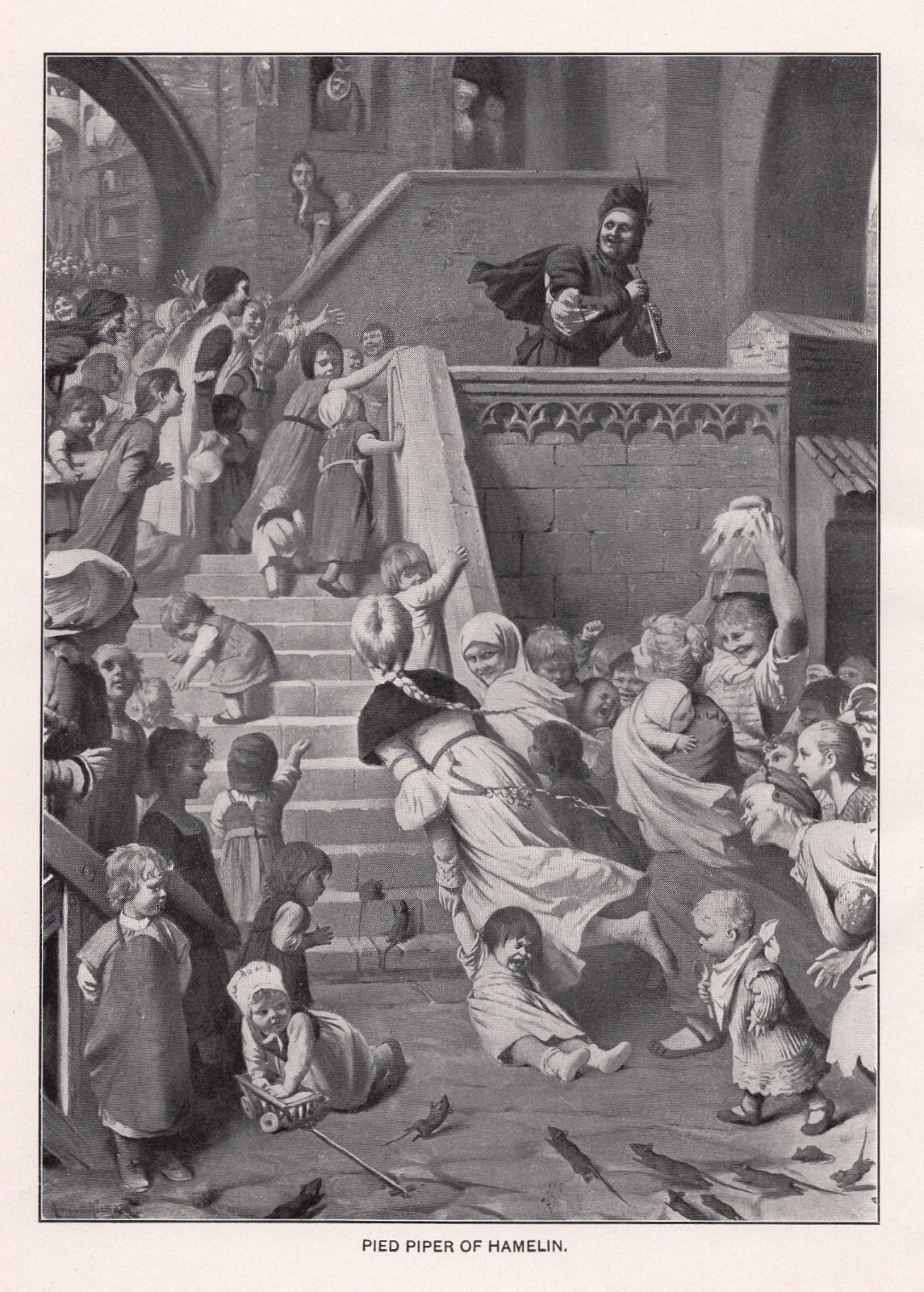 PIED PIPER – Children Babies Excited Laughing Victorian 1894 Antique Engraving