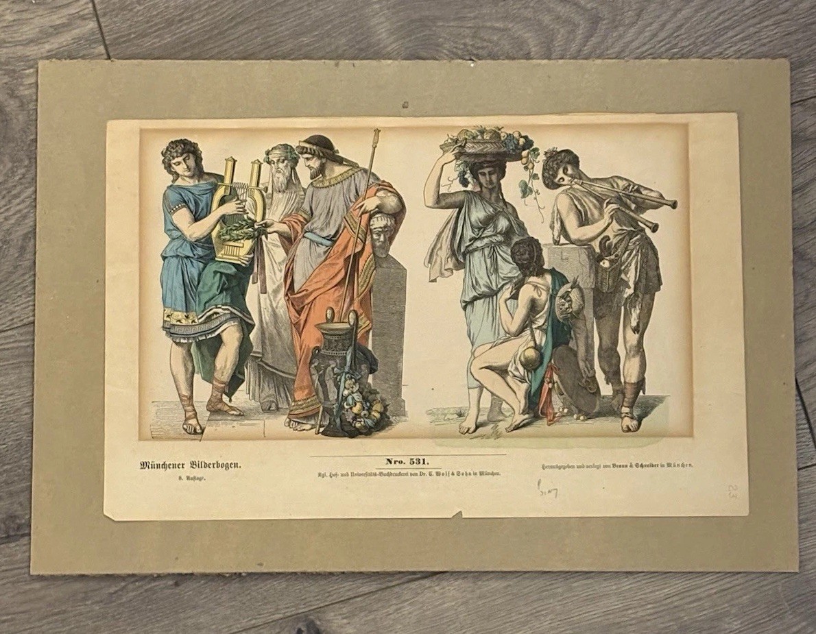 Antique 1880 History Of Ancient Costumes Greek Musicians Print # 531. In German