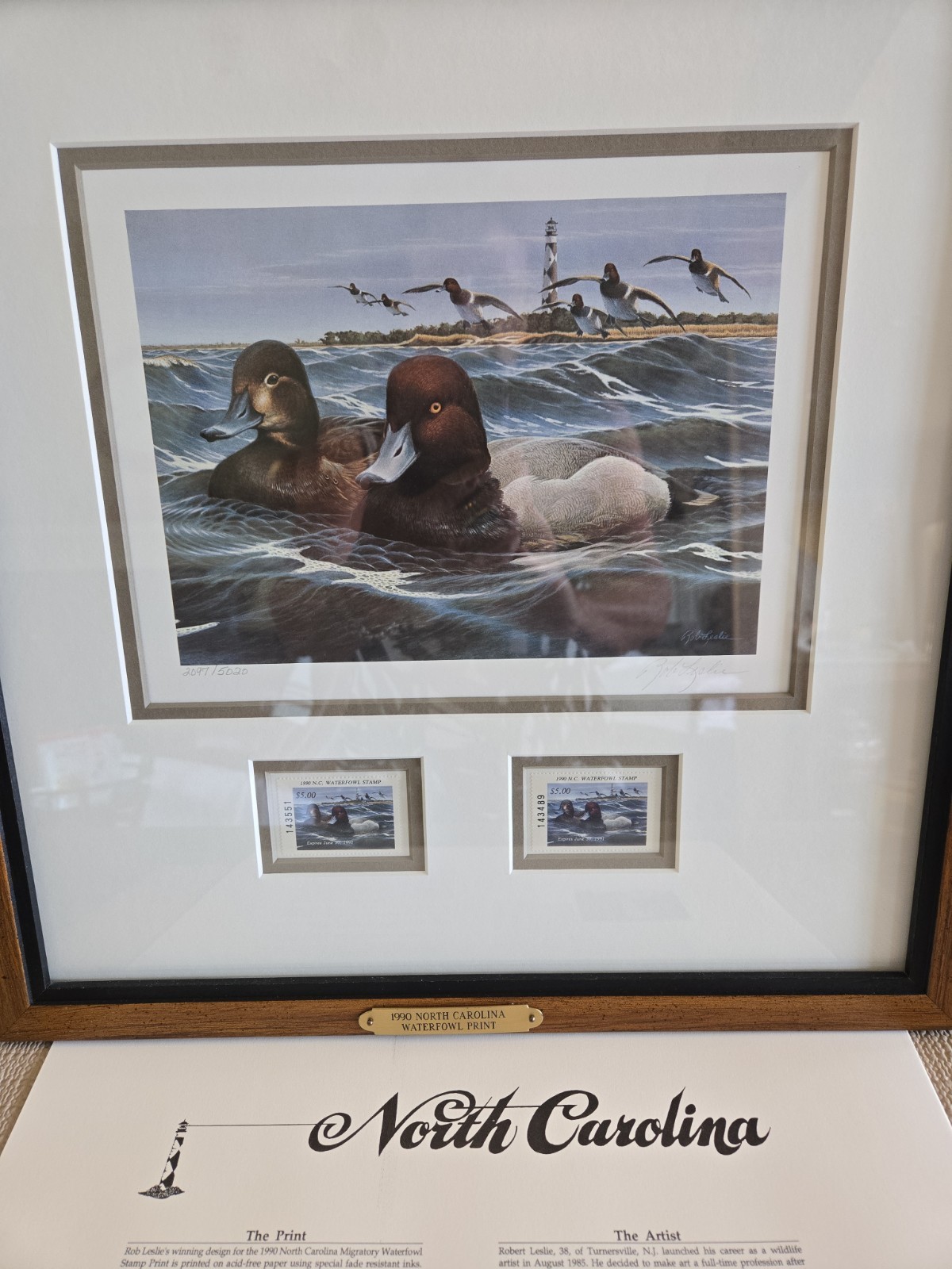 1990 NC Migratory Redheads Waterfowl Print Stamps Signed Number Robert Leslie