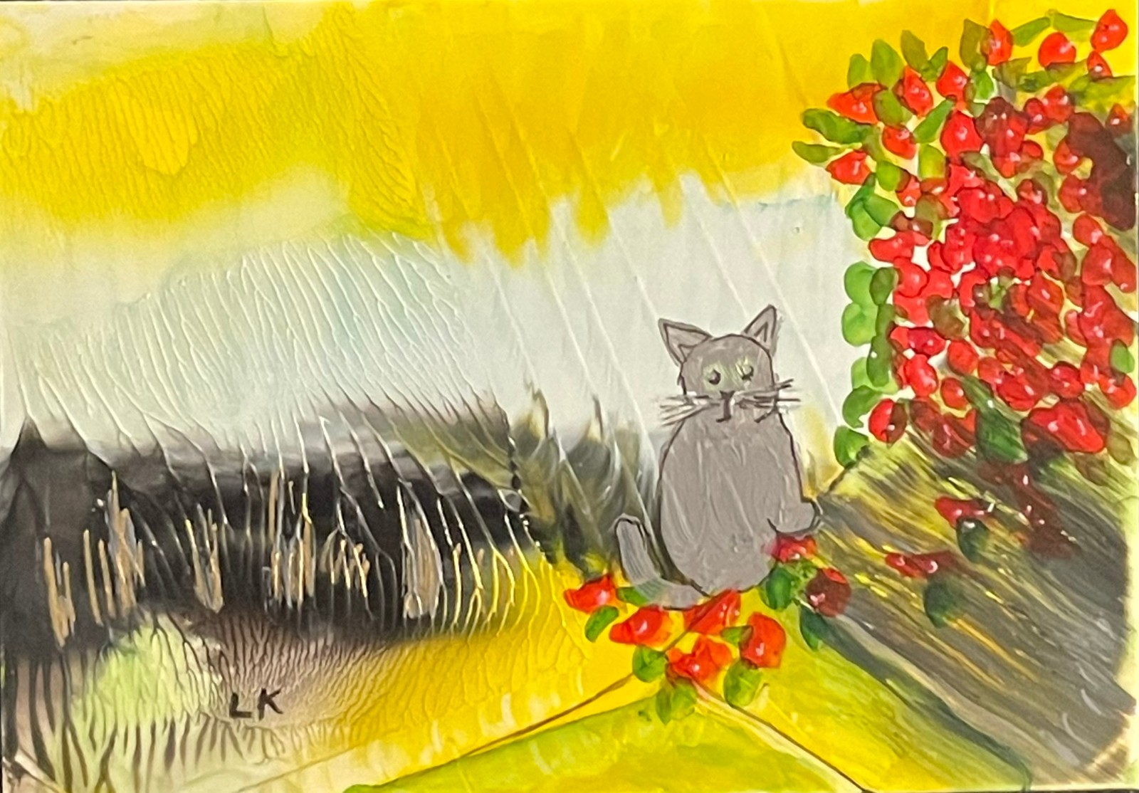 ACEO art PRINT flowers gray Cat yellow by Lynne Kohler 2.5×3.5″