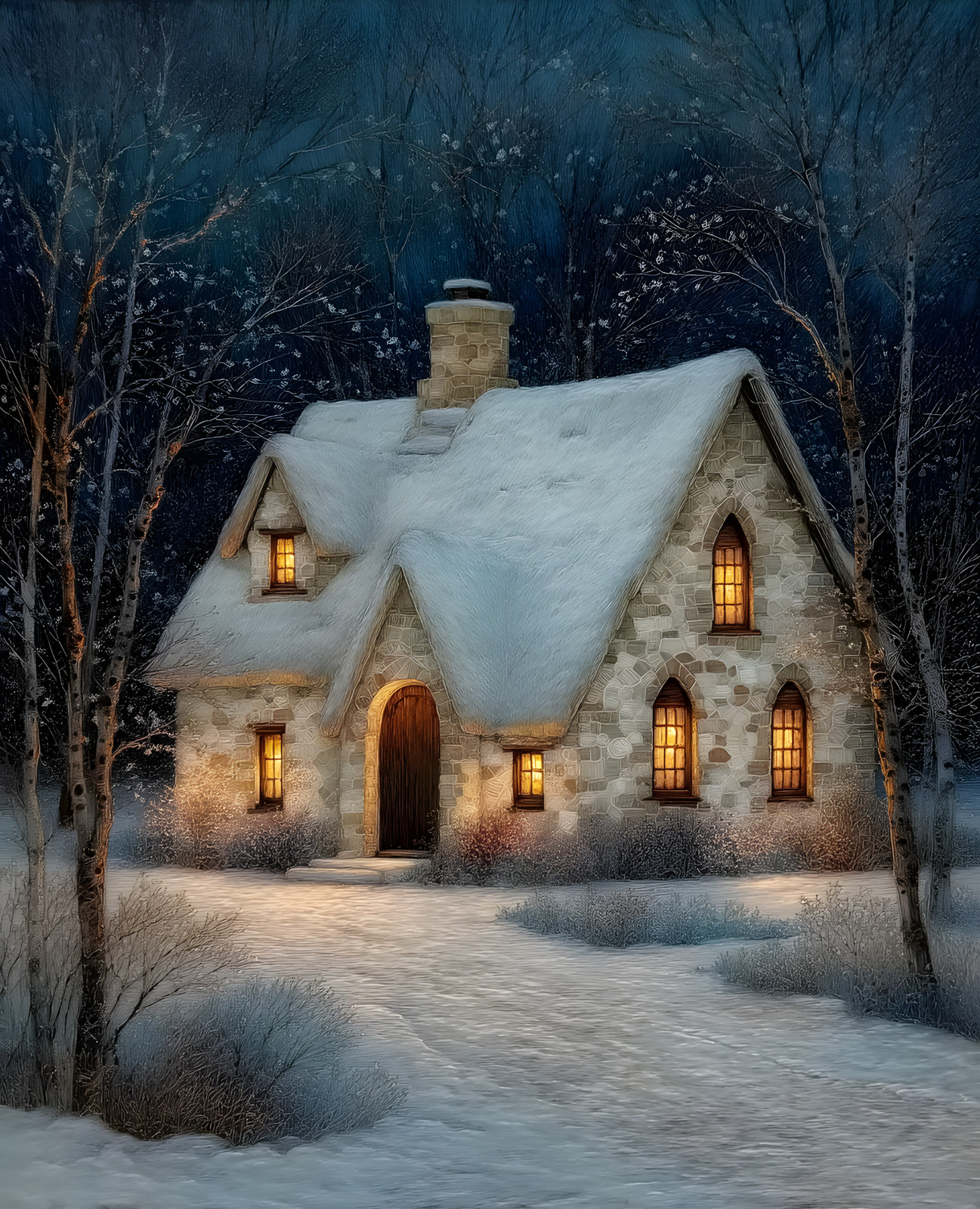 8×10 Cozy Storybook House in Snow Art Print Classic Illustration – 169284980