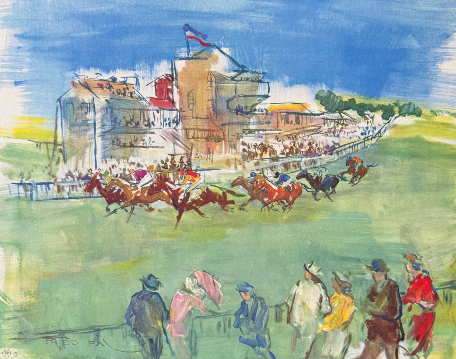 Vintage Early 20th Century 11×14 Watercolor Art Print Race Track, Horse Racing