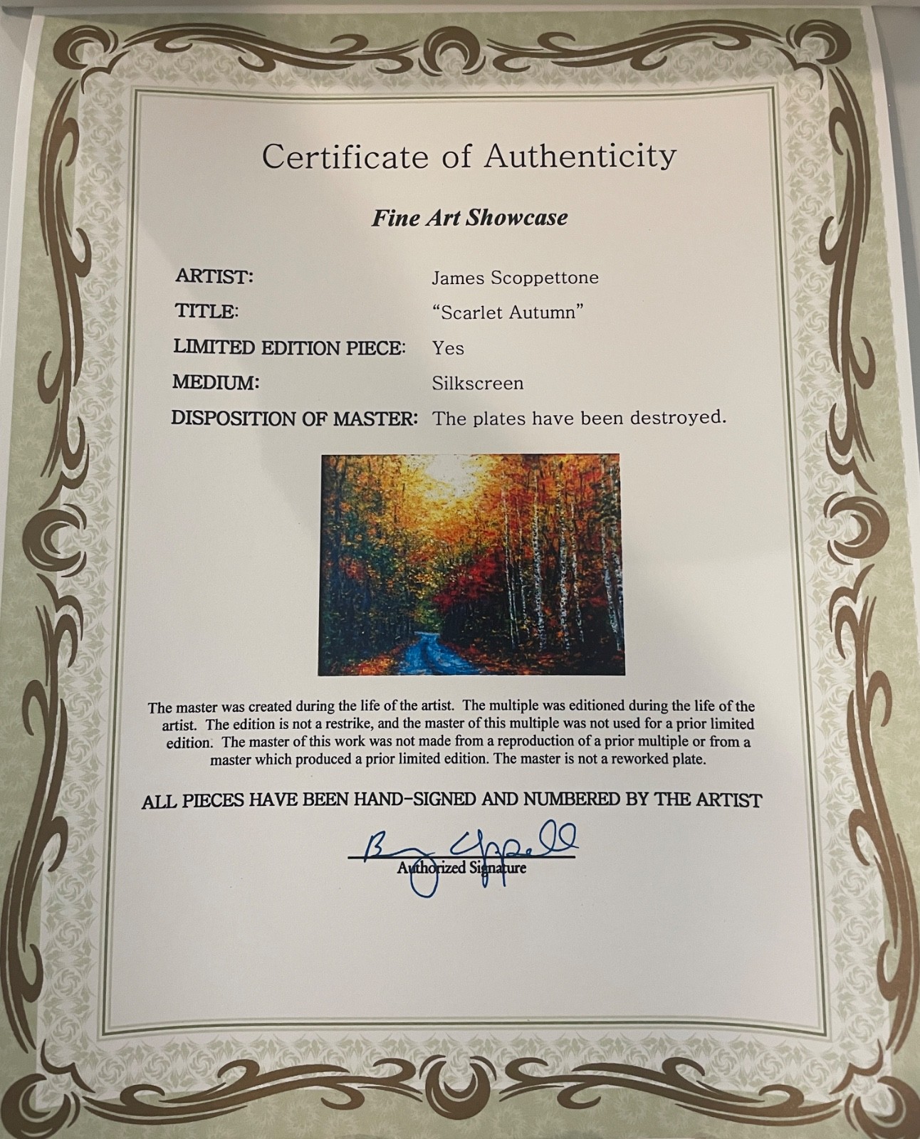 JAMES SCOPPETTONE Limited Edition Signed Silkscreen “Scarlet Autumn” 92/100, COA