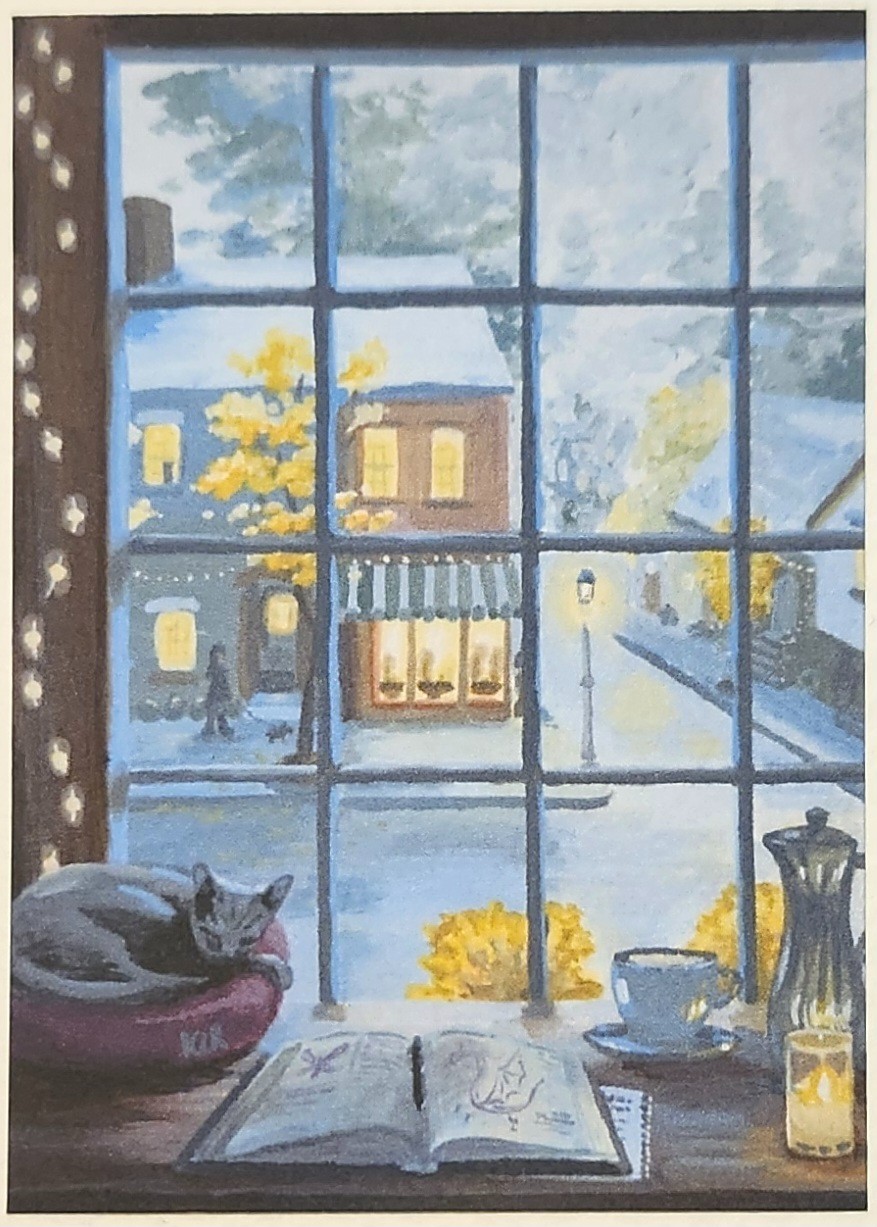 ACEO Print, cozy cat, “upstairs studio”, by K. Ringenbach, Mini Art 2.5x 3.5 in.