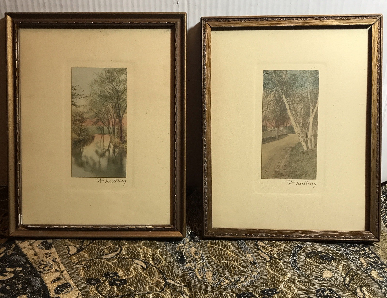 2 VTG W. Nutting Hand-Color Prints “Birches in June”&”In Tenderleaf” 2.25”x4.75”