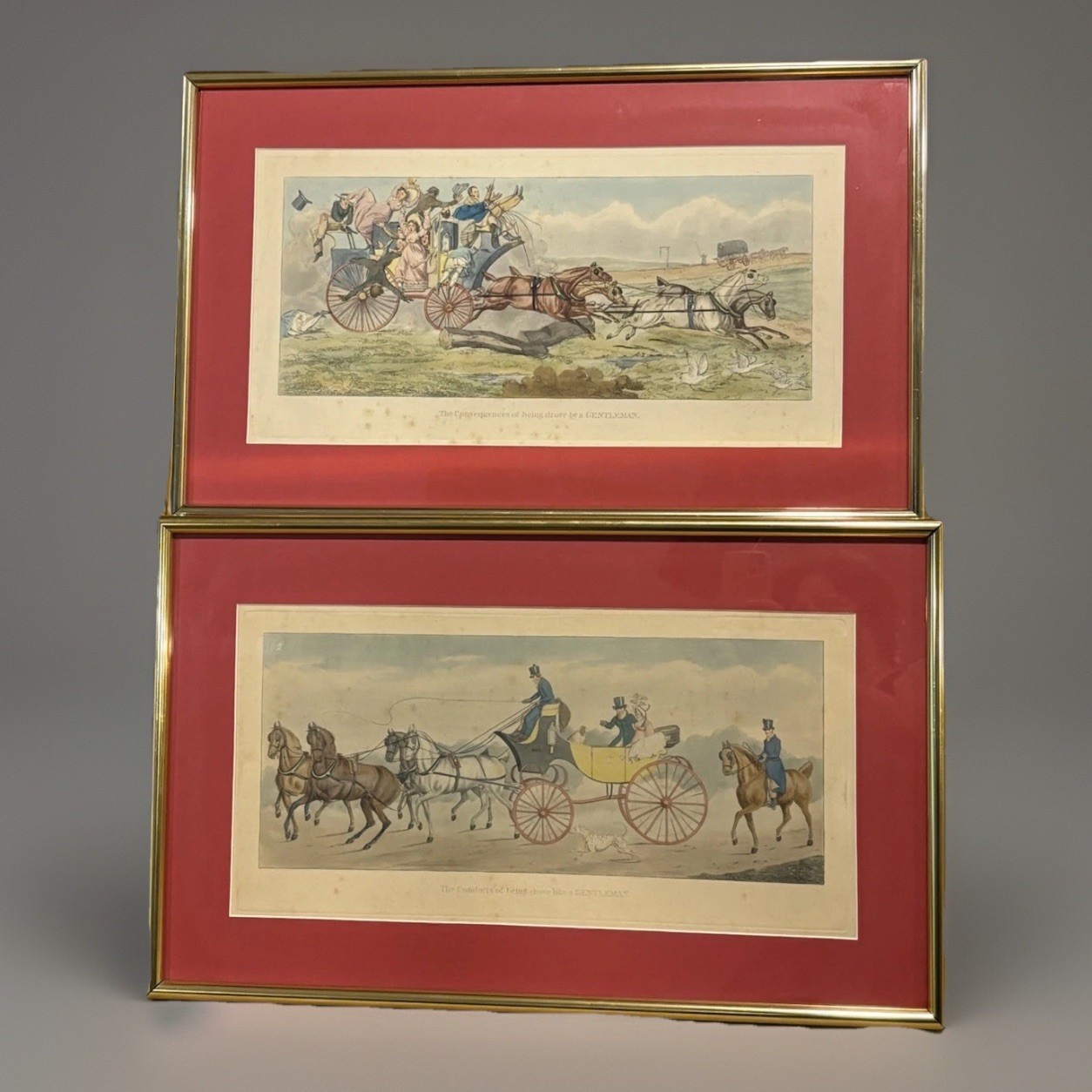 Antique Hand Colored Coaching Prints Pair Victorian Carriage Scenes Framed