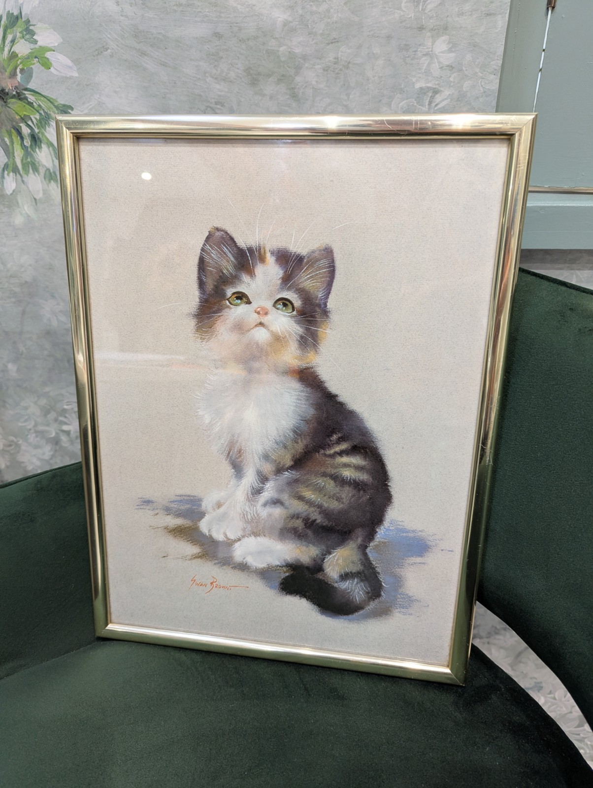 Vintage Ewan Brown Cat Framed Picture With Signature 42cm Kitsch Cute Kitten Art