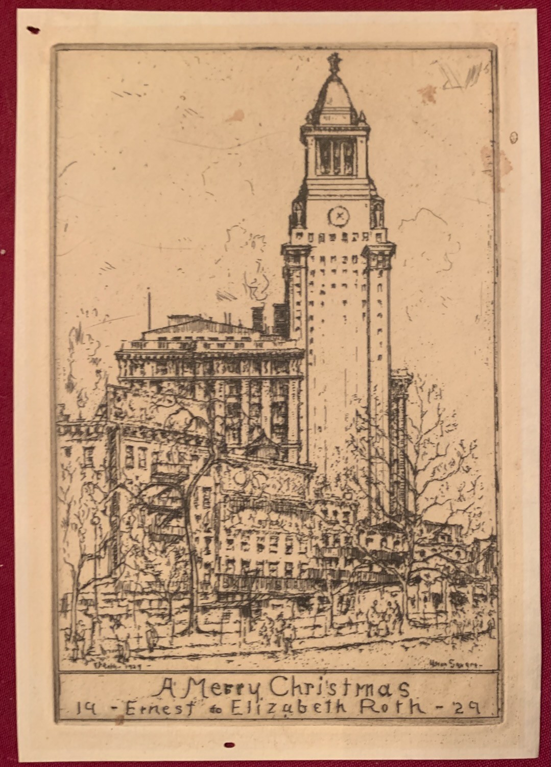 American Artist Ernest Roth 1929 Christmas Card Etching of Union Square New York