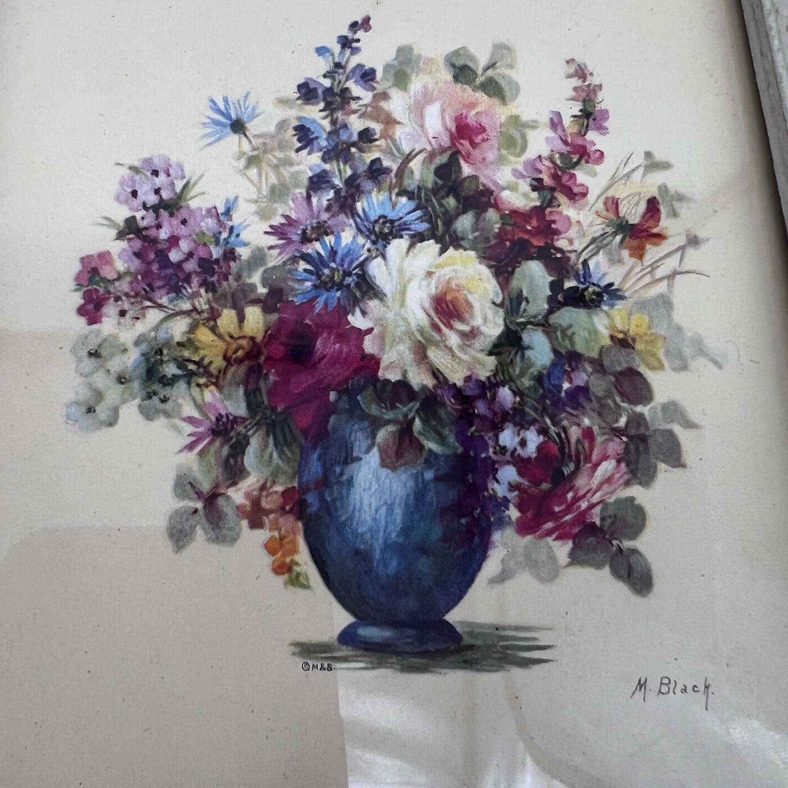 Vtg MCM Framed Floral Art Print Set of 2 M.Black 5.5 x 6.5 in Small Flower Vase