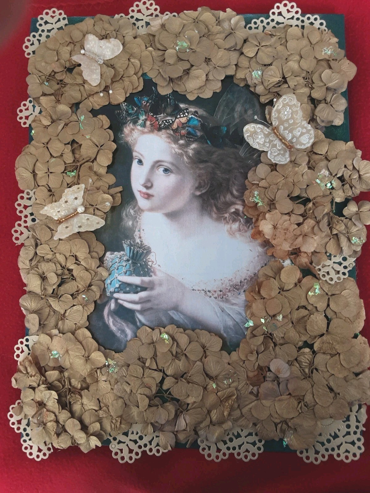 Wall Art/Fairy Canvas. Hand Crafted, Ooak ,Butterflies and Dry Hydrangeas.
