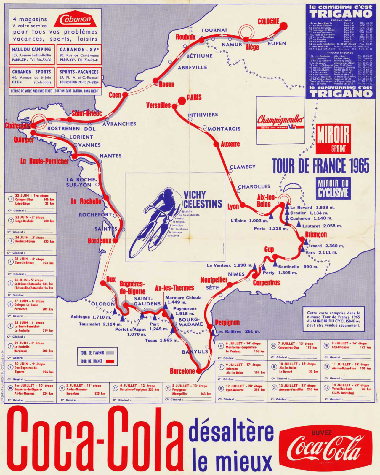 1965 Map of the Tour De France Race’s Route Bicycle Sport Poster Wall Art Print