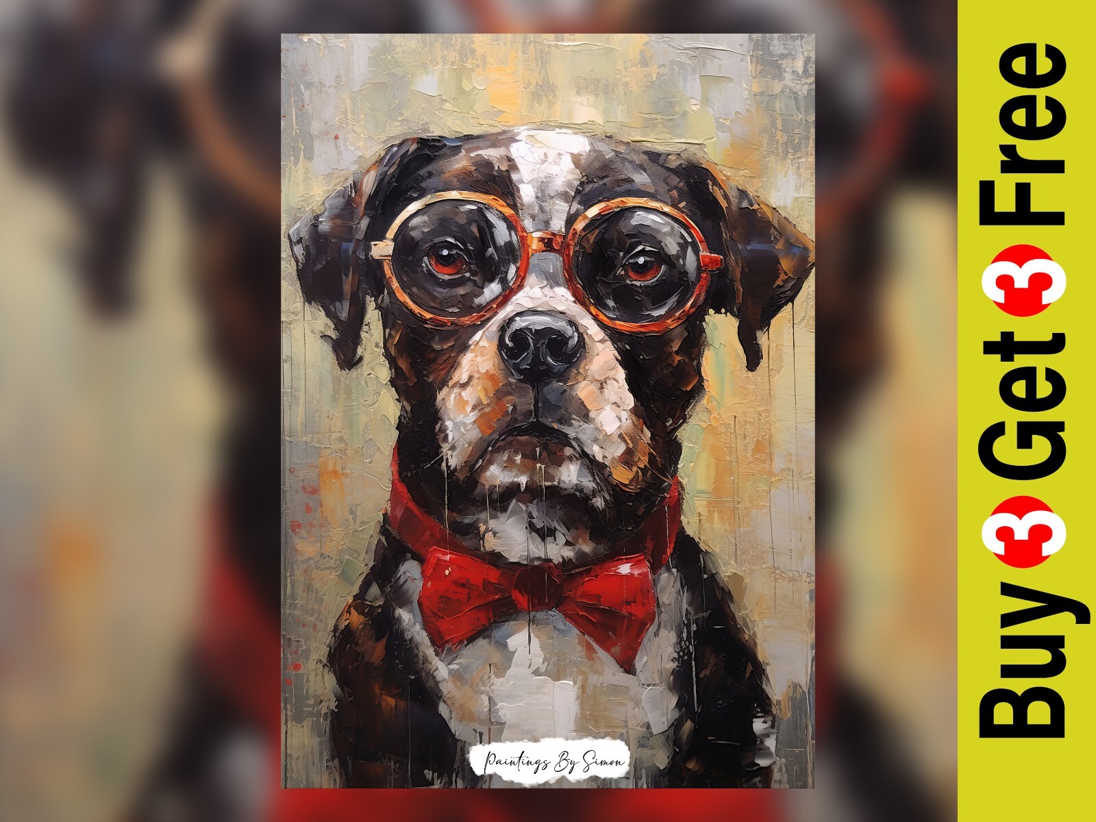 Sophisticated Pup: Bulldog in Glasses and Red Bowtie – Oil Painting Print 5″x7″