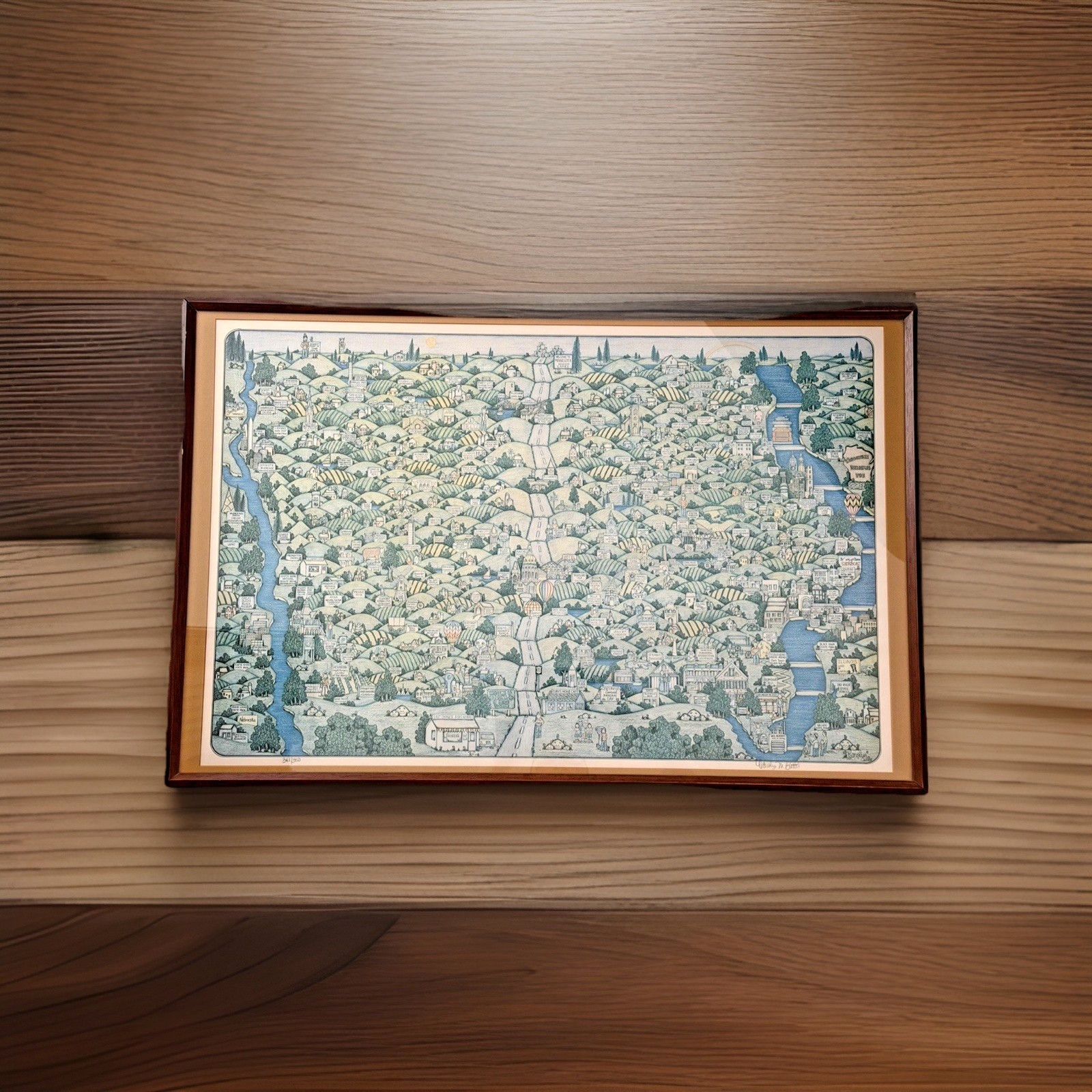 Carolyn M Blattel Signed Iowa Map Print LE 342/350 Framed 35×23 1985