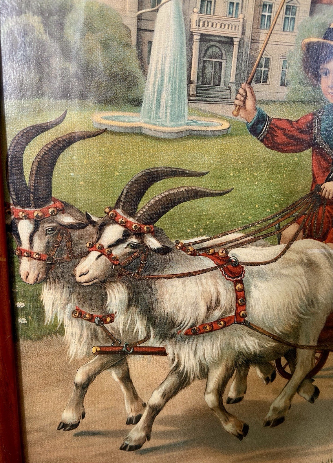 c.1900 chromolithograph of Boy And Girl In Cart W/older Girl Walking Beside It