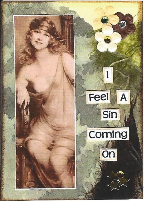 ACEO ATC Art Card Collage Print Ladies Women Feel Sin Coming On Vintage Image