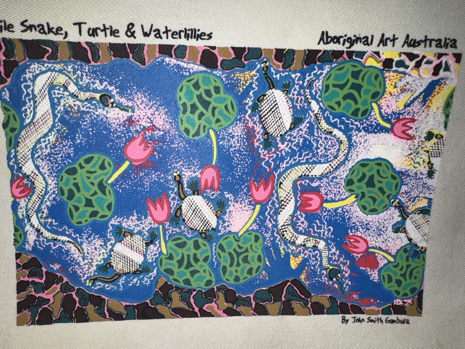 John Smith Gumbula, File Snake, Turtle & Waterlilies Australian Aboriginal Art
