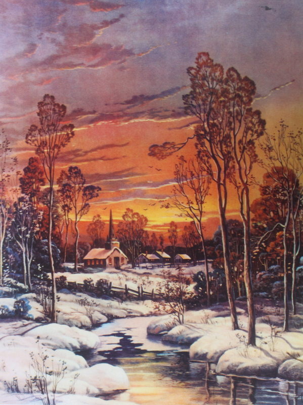 vintage ” Moon light winter snowy steam church distant village W Thompson