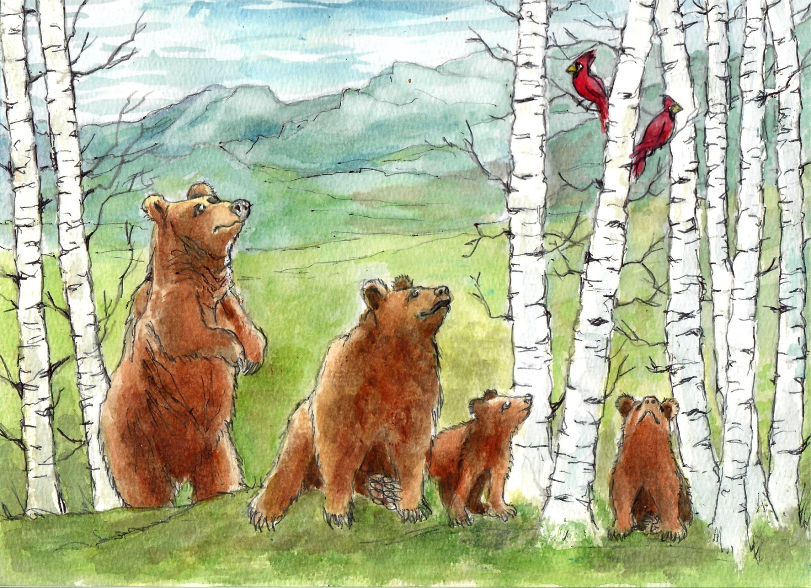 Bears And Cardinals In The Forest, Nature Art (Signed Matted Watercolor Print)