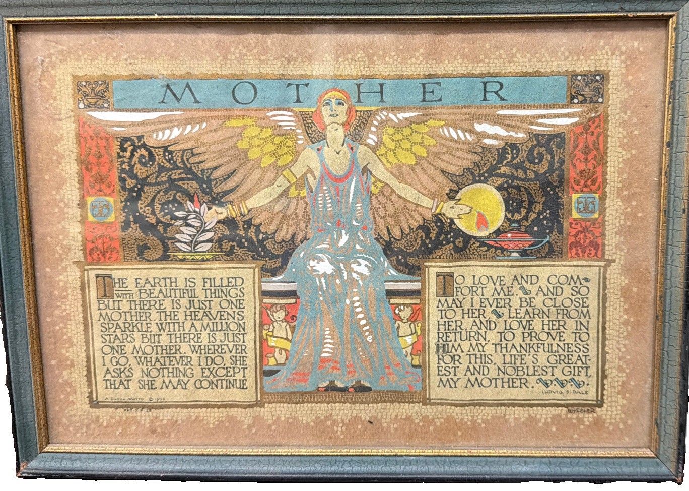 Antique Art Deco 1926 BUZZA MOTTO Print Poem Framed Mother Angel Ludwig S Dale