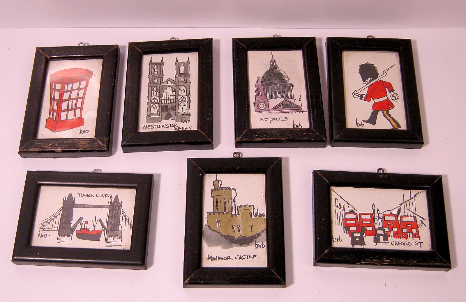 Vintage Mixed Lot of 7 Miniature English Souvenir Framed Paper & Ink Signed BARB