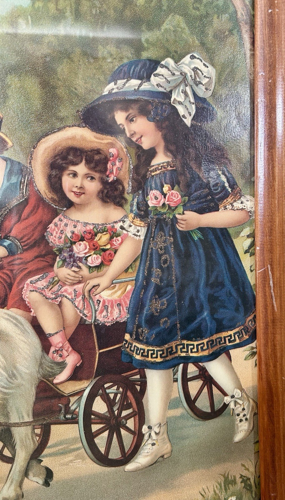 c.1900 chromolithograph of Boy And Girl In Cart W/older Girl Walking Beside It