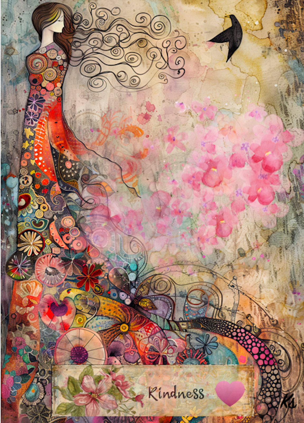 Kindness collage girl in flower dress with bird 2.5×3.5 ACEO landscape artwork