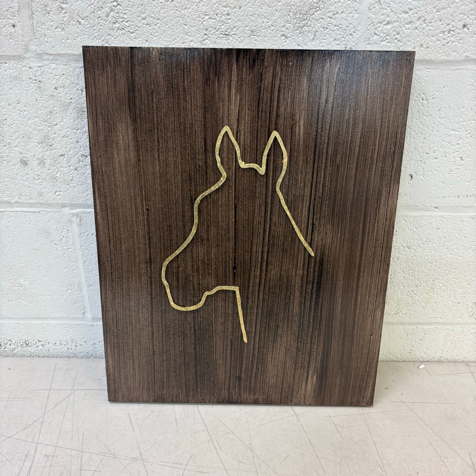 Gold Horse Head Silhouette On Brown Wood, Line Art, Wall Decor 15.7″x19.6″