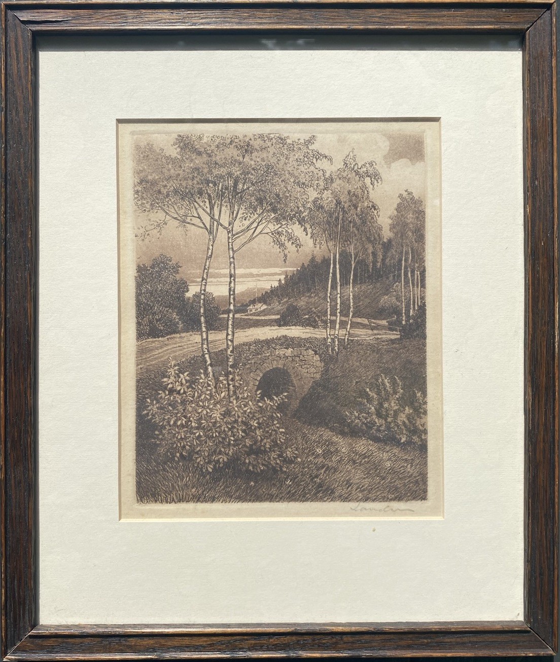 Signed Landscape Etching Birch Trees Stone Bridge Rural Road Framed Print