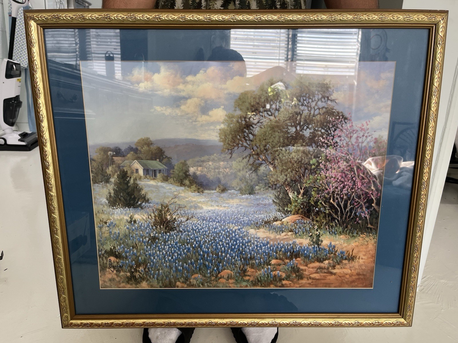 Framed Landscape Print with Bluebonnets, Cottage, Matted & Framed Art