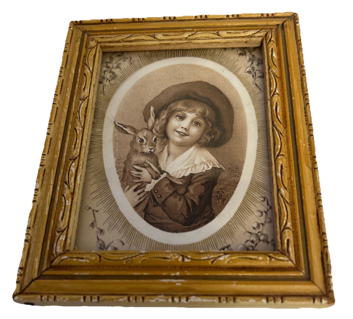 Vintage Wood Carved Framed Picture Of Girl Holding A Rabbit Beautiful Condition