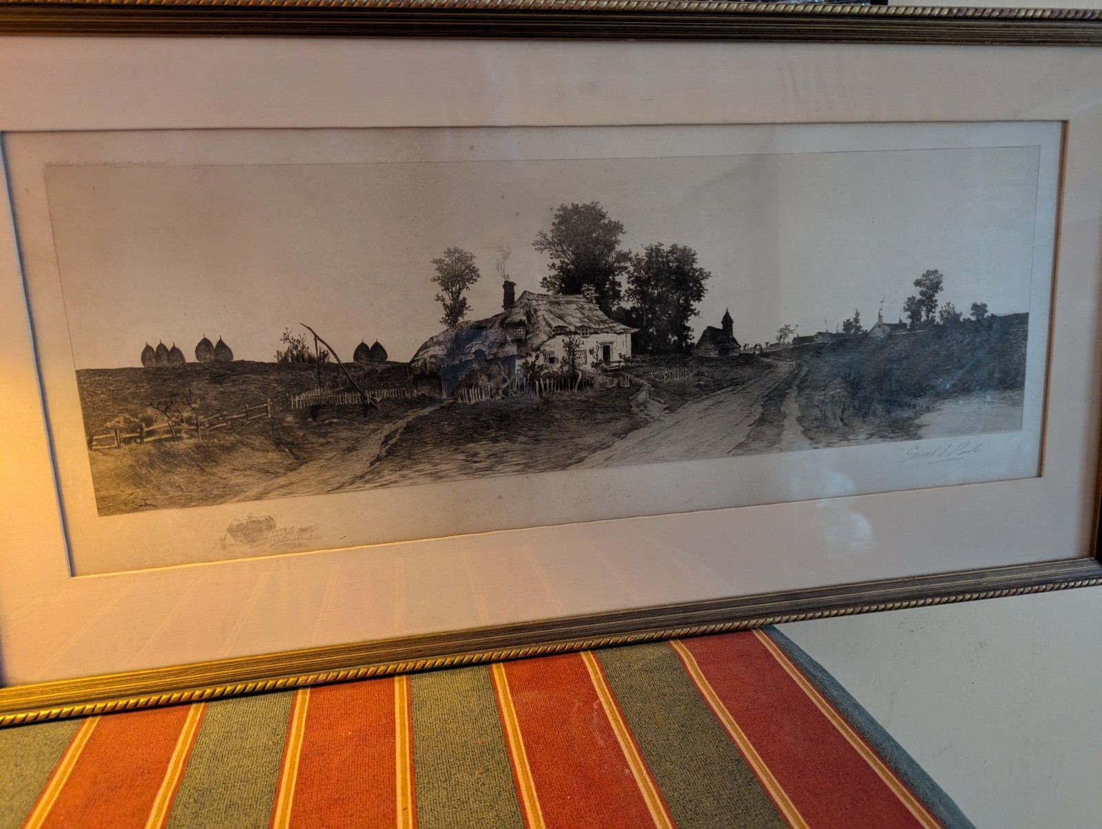 1890ca Antique Bucolic Country Homes Pond Ernest C Rost Etching, Framed 29″×15″