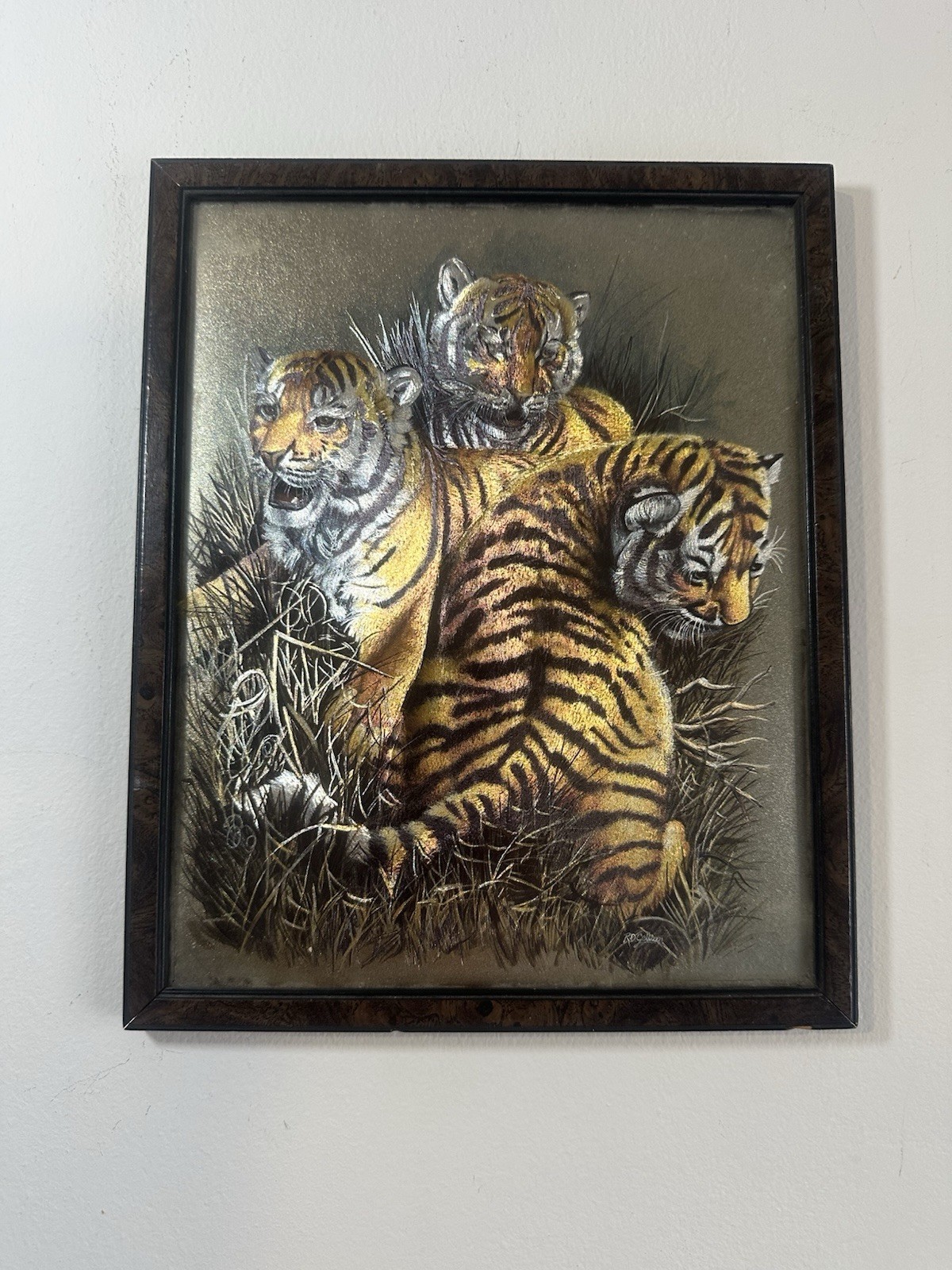Vintage Framed Dufex Foil Art Print Picture 3 Tigers Wild Animals Nature Decor