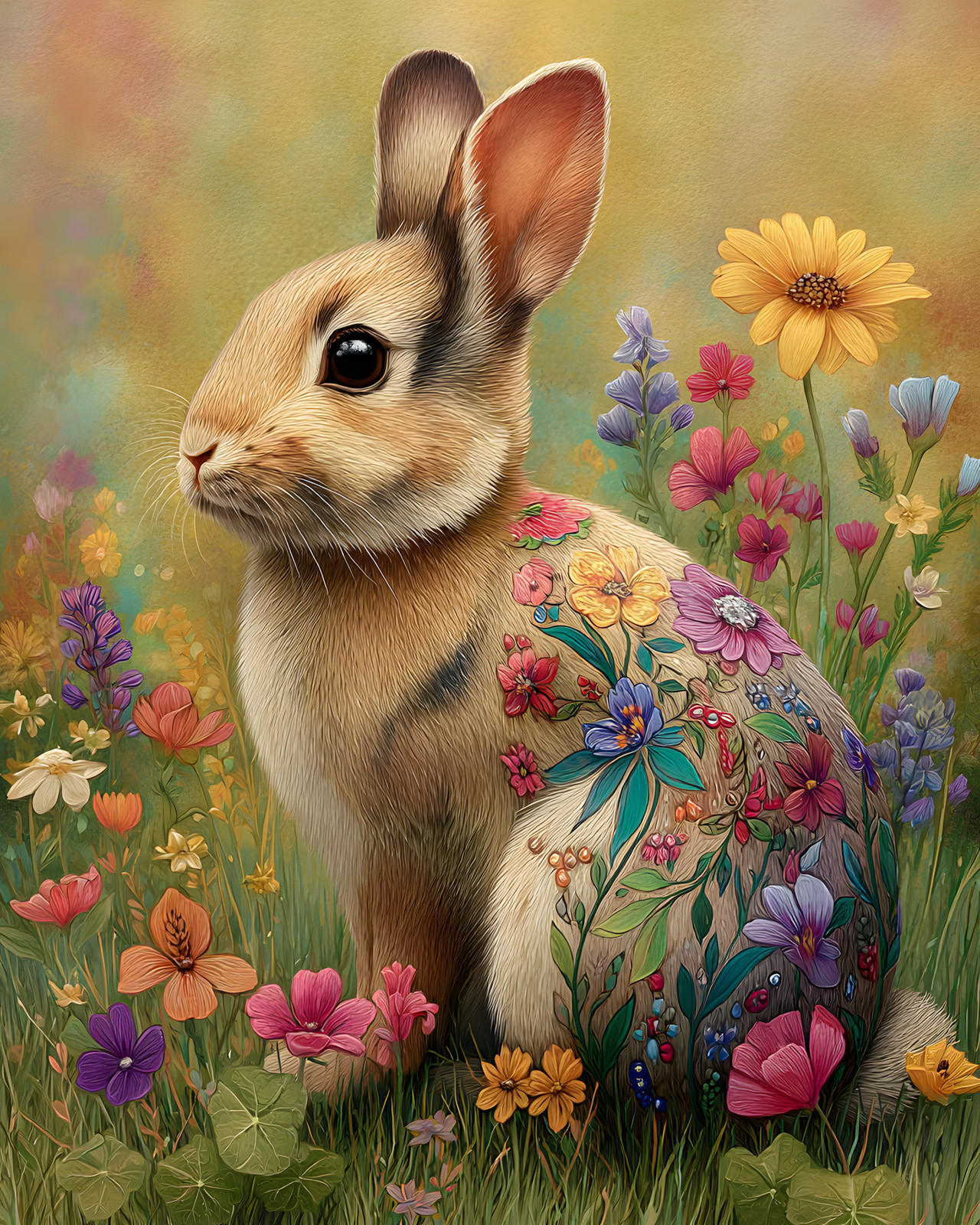 8×10 Cozy Storybook Rabbit in Field of Flowers Art Print Cottagecore – 205352256