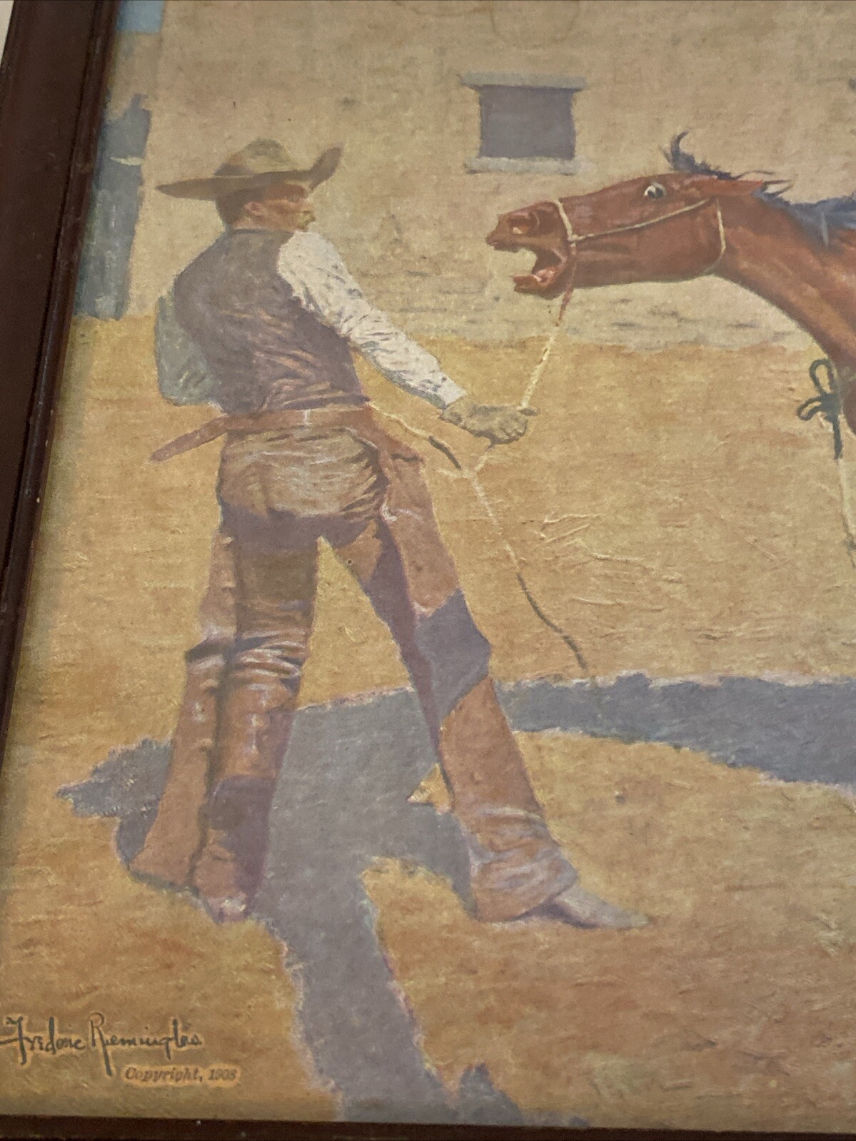 1st Edition, Remington ‘His First Lesson’ Original 1908 Chromo Lithograph Cowboy