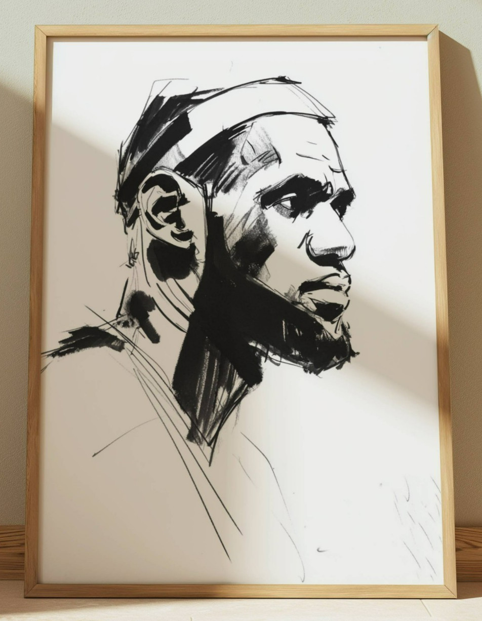 LEBRON JAMES INK DRAWING PRINT PORTRAIT SKETCH 8″ x 10″ LOS ANGELES LAKERS
