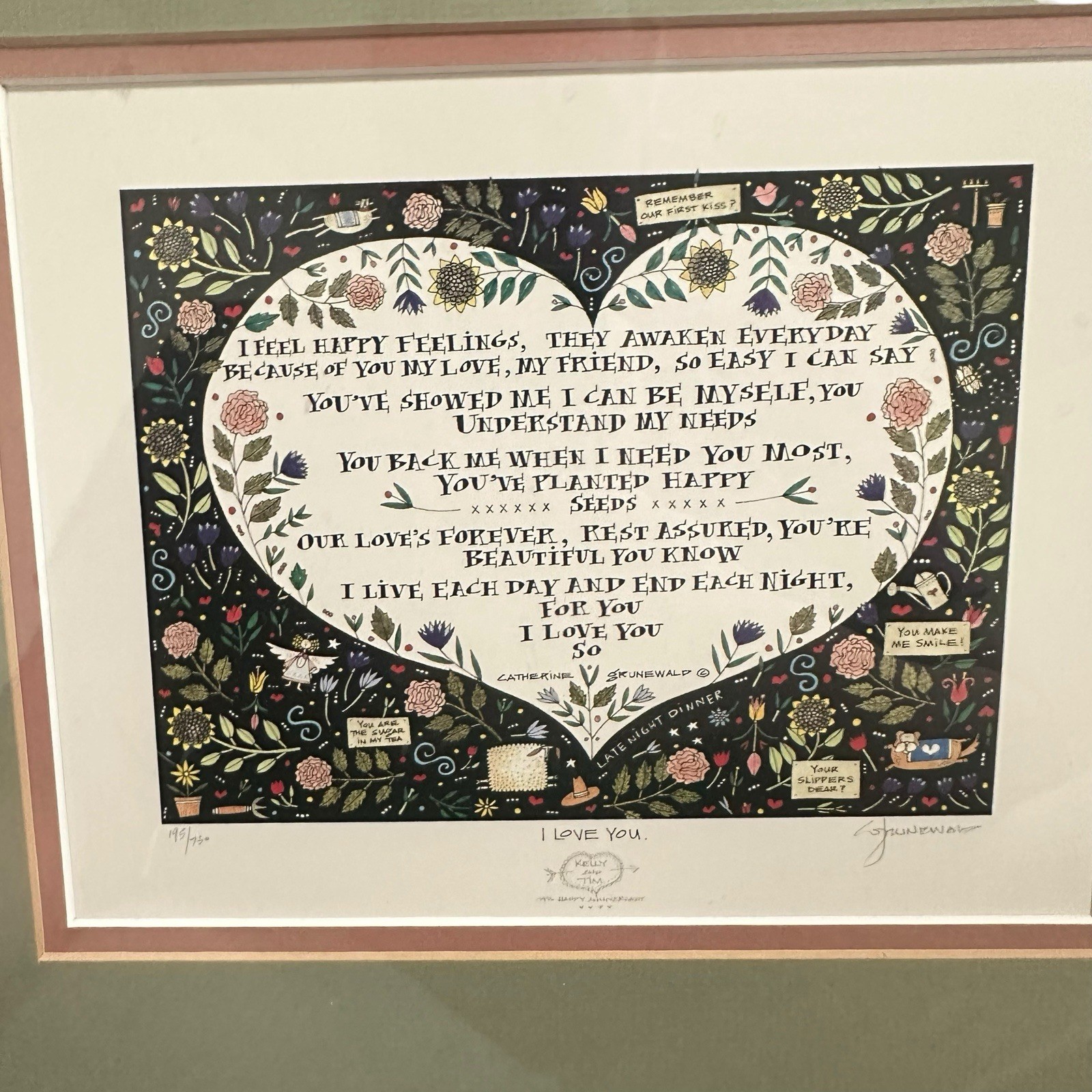 VTG 1996 Catherine Grunewald signed numbered lithograph Love Heart Folk Art