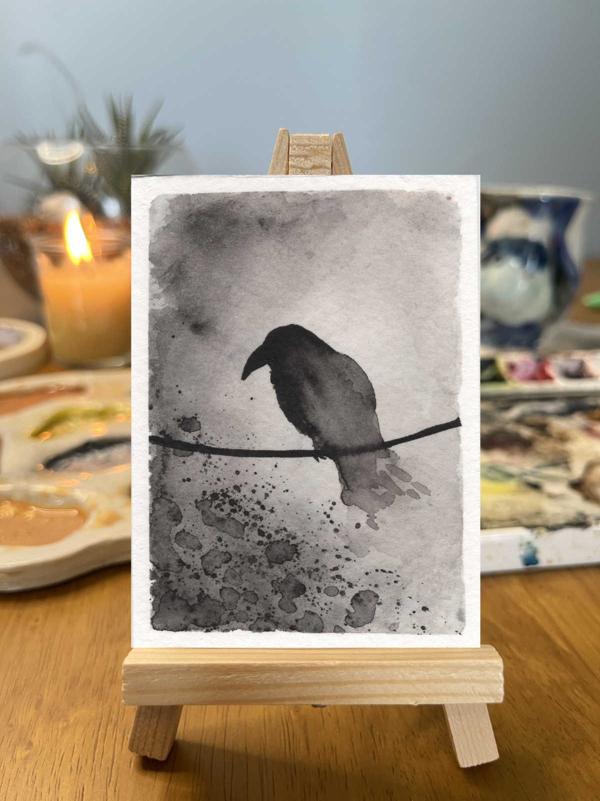 ACEO Original Watercolor Ink Raven Crow Branch Ink Splatter Black White Moody Si